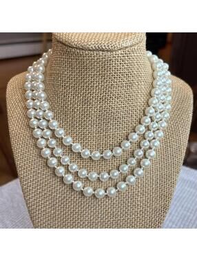 Vintage Glass Faux Pearl Bead Necklace 49” Single Strand Cream Ivory